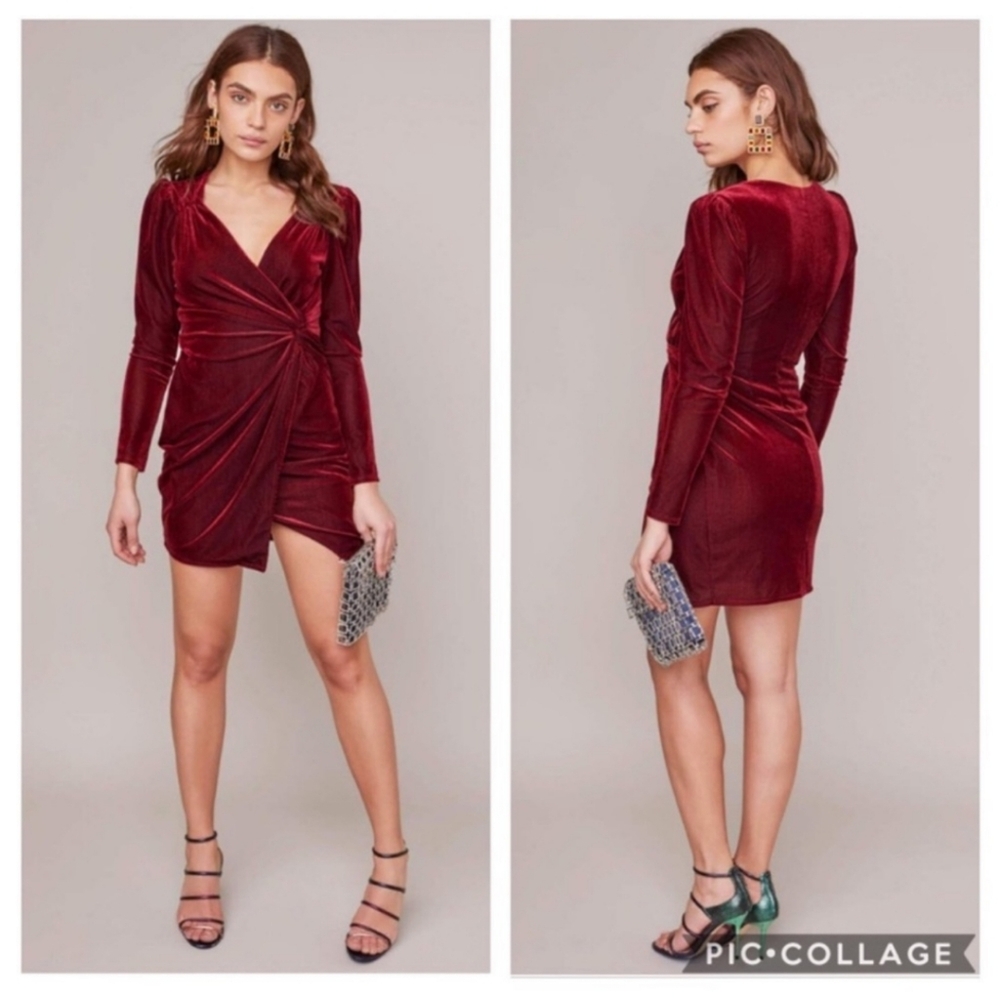 Astr The Label Lanita Red Merlot Velvet Faux Wrap Dress Size Xs
